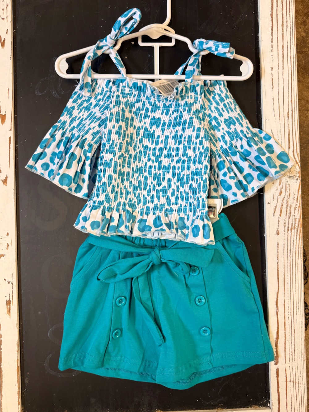 Teal Tie-Waist Dress with Blue-Teal Smocked Pattern Top